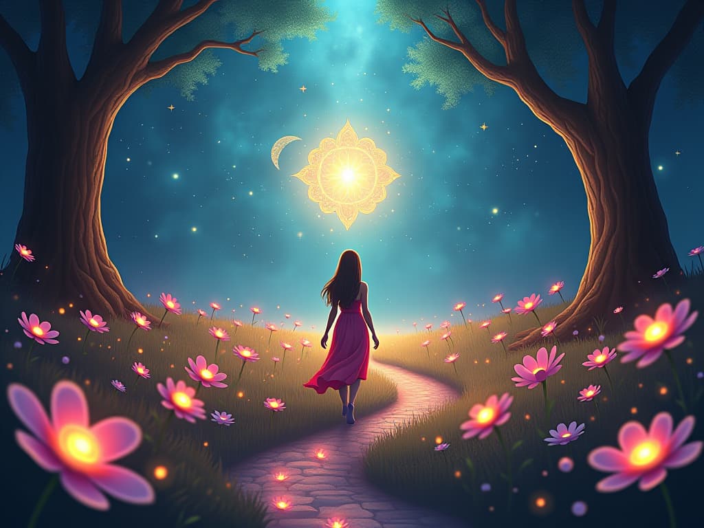  mystic creating space for energy to return, standing in a clearing filled with glowing flowers and celestial patterns. luminous path signifies replenishment.. the style is digital art illustration,highly detailed, whimsical,magical, dreamlike atmosphere, realism and fantasy blend, smooth, glossy textures,luminous quality, wonder and enchantment.