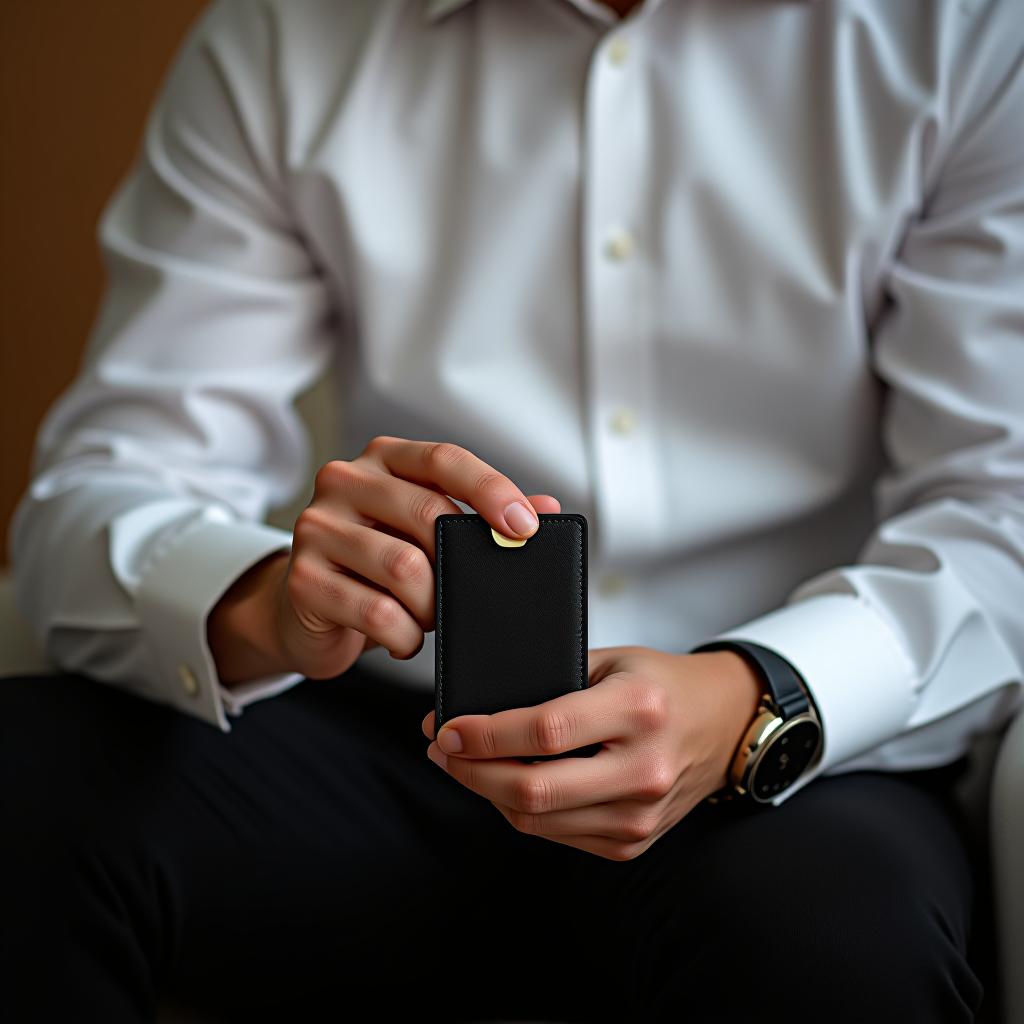  a man in a white shirt and black trousers is sitting, holding a black leather money clip in his hands.