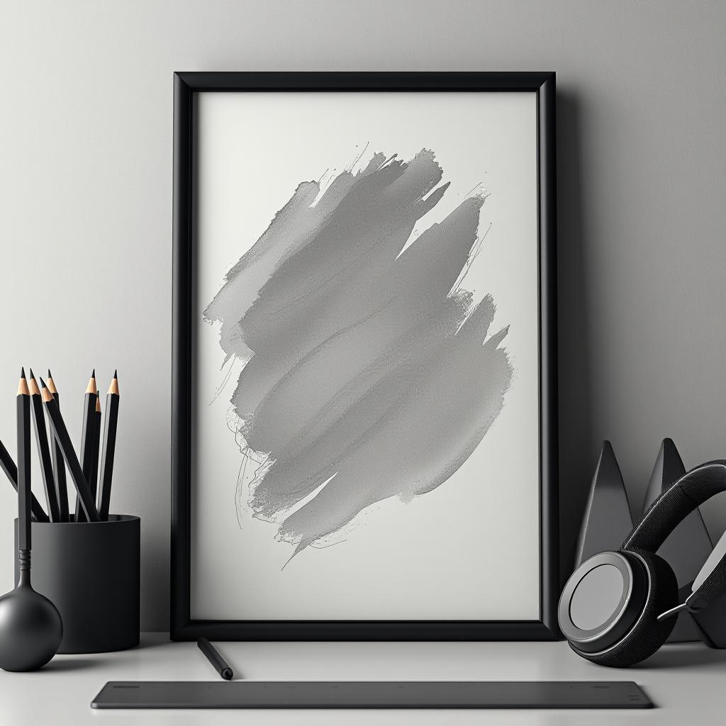  professional detailed photography, office frame, portrait white background with gray strokes, gray pencils, black headphones, gray ruler, figurine, (muted colors, dim colors, soothing tones), (vsco:0.3)