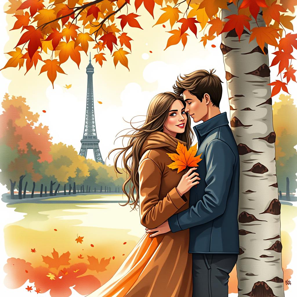  watercolor painting painting. painting with watercolor.(indian summer, leaffall, leaves swirling. in the city garden in paris, in the distance you can see the eiffel tower. a beautiful, young is standing near a birch, leaning against it, in her hands she has maple leaves of yellow and scarlet color, and a young, handsome young man is emcing her tenderly, behind the birch. they're both looking at the camera. they are happy. they love each other, looking affectionately into each other's eyes:1.5). intense close up. watercolor style by artist sergei andriyak. leaks, stains. high detail, high definition, high resolution. . vint, beautiful, painterly, detailed, textural, artistic