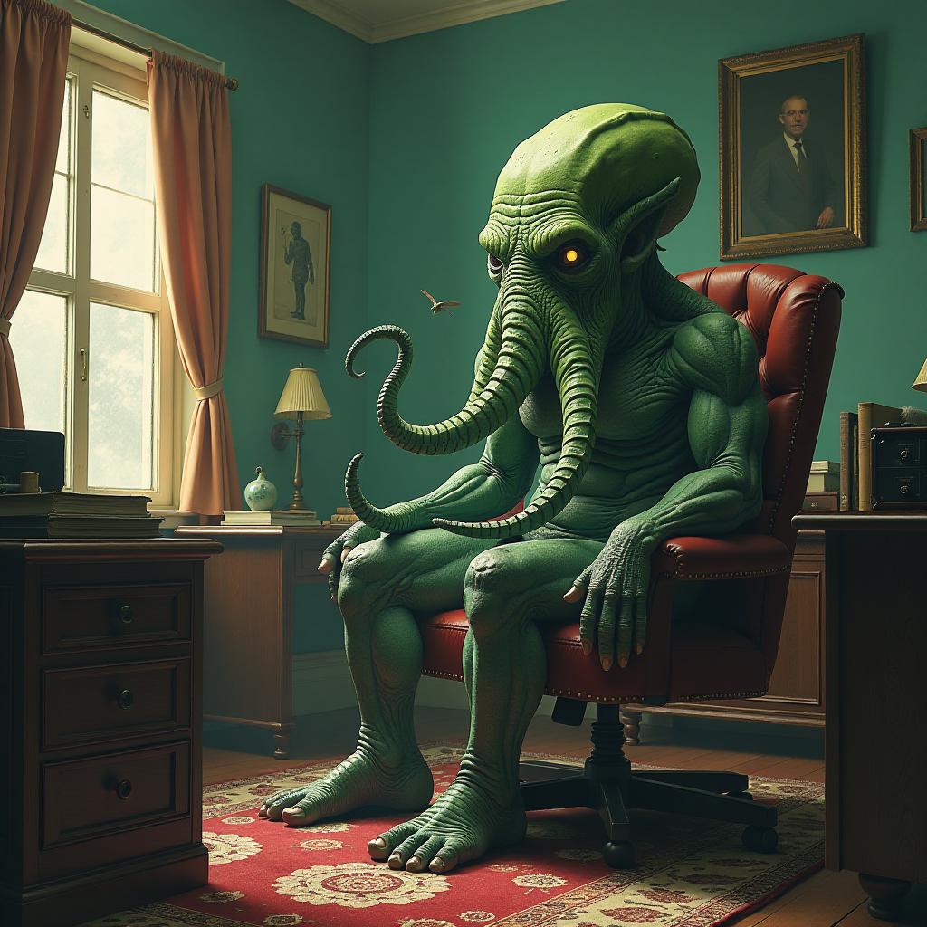  lovecraftian horror sunny day. small office. cthulhu sitting in a chair . eldritch, cosmic horror, unknown, mysterious, surreal, highly detailed