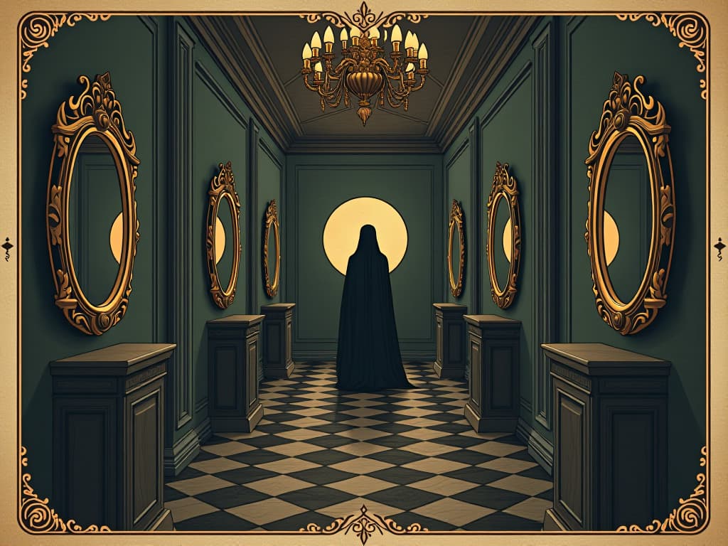  mirrors in well lit rooms, reflecting positivity and empowerment, balanced placement, orderly environment. an illustration in the style of a worn, mystical old tarot trump card, mysterious and elements of surrealism. the colors are muted, somber and eerie, but with contrast bring out an occult and esoteric vibe.