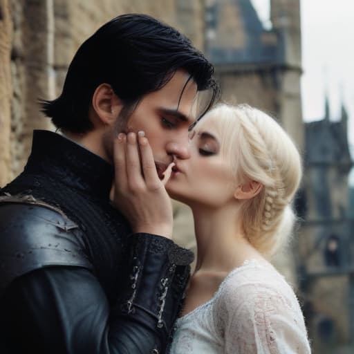 Man, woman, black hair, white skin, blonde woman, medieval dress, castle, gothic, hand on face, dark, sad emotions