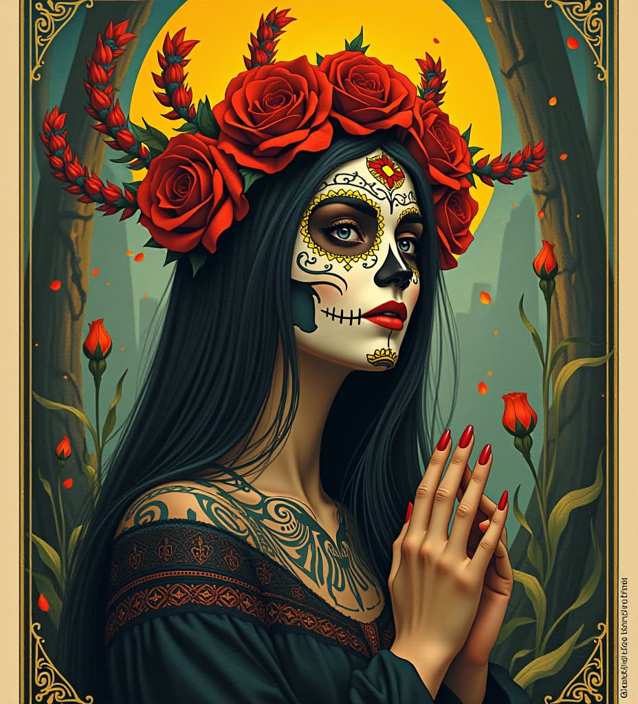  a detailed masterpiece of a tarot card, a vintage postcard emotionally representing a dark fantasy, a graceful eve in a day of the dead mask tattooed with mystical runes, a background of old botany, works by frazetta, wyeth and rockwell, dnd art style, saturated strange surrealism, high quality, high details, hd, perfect composition, 4k epic detailed, highly detailed, sharp focus, high resolution