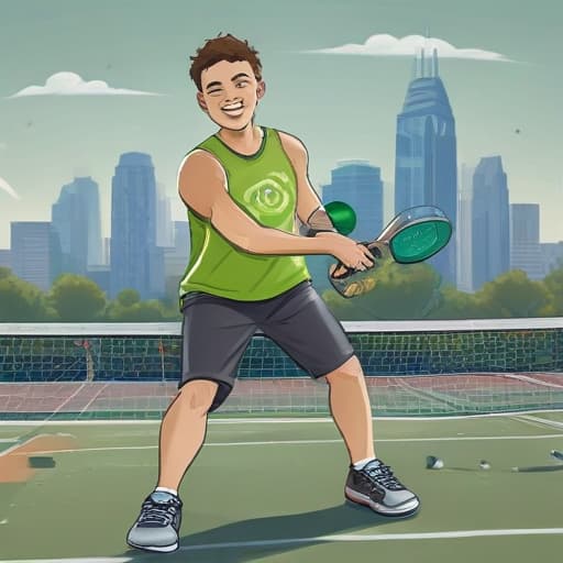 Me dominating in pickleball in Cartoon style with City background