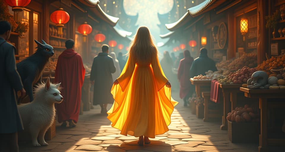  ethereal being in flowing, bright robes walking through a bustling, enchanted market, various mystical creatures surrounding, atmosphere of spiritual journey. the style is digital art illustration,highly detailed, whimsical,magical, dreamlike atmosphere, realism and fantasy blend, smooth, glossy textures,luminous quality, wonder and enchantment.