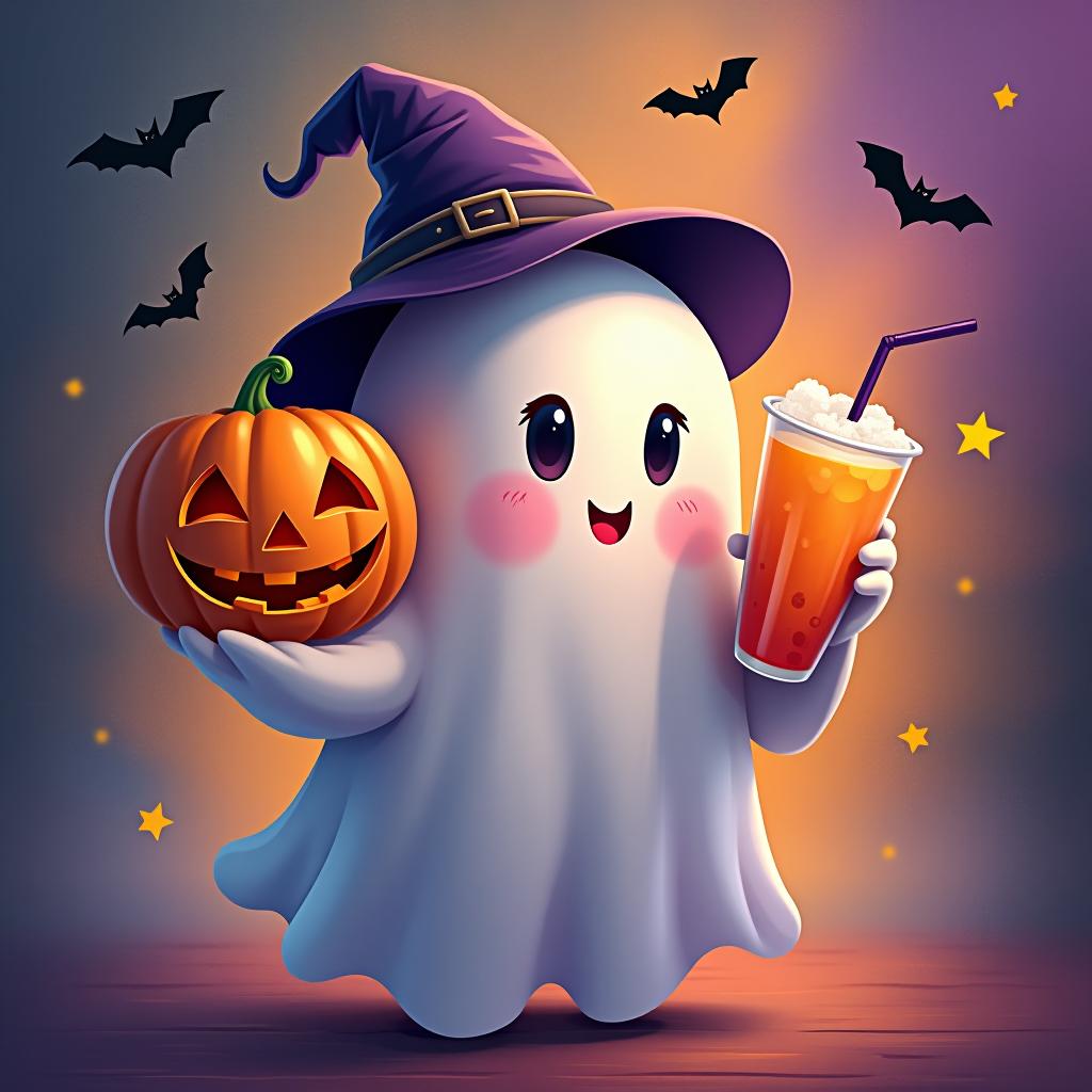  create a digital painting featuring a cute ghost character. the ghost should be wearing a hat. in one hand, the ghost should hold a pumpkin with a carved face, and in the other hand, a halloween themed drink. the background should be colorfull and include small black bats and stars to add a playful halloween touch. the overall style should be cute, whimsical, and colorful hyperrealistic, full body, detailed clothing, highly detailed, cinematic lighting, stunningly beautiful, intricate, sharp focus, f/1. 8, 85mm, (centered image composition), (professionally color graded), ((bright soft diffused light)), volumetric fog, trending on instagram, trending on tumblr, HDR 4K, 8K