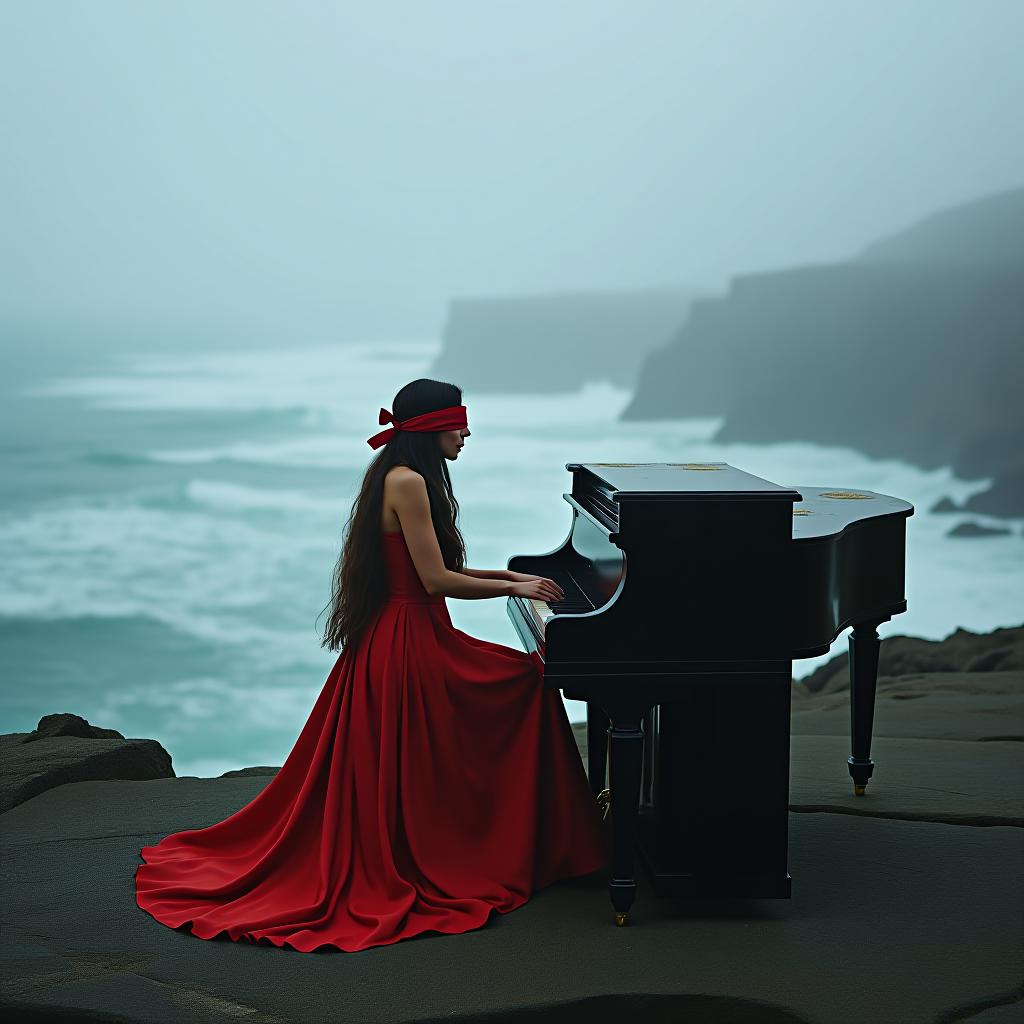  a longhaired, blindfolded woman in a long red dress passionately playing piano at the rocky, foggy coast with raging waves in the background landscape