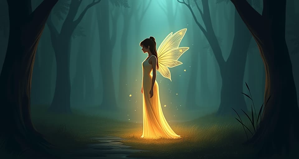  a serene fairy enveloped in a soft, bright glow, standing amidst the shadows of an enchanted forest. her light remains strong and unfaltering, symbolizing eternal resilience.. the style is digital art illustration,highly detailed, whimsical,magical, dreamlike atmosphere, realism and fantasy blend, smooth, glossy textures,luminous quality, wonder and enchantment.