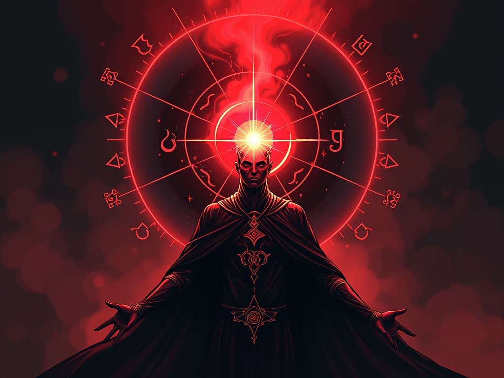  breathing red orb, pulsating light, surrounded by mystical symbols, air of essential life force. the style is digital art illustration / modern comic book / graphic dark novel fantasy and mysterious occult, symbolic, moody lighting, esoteric vibe,high detail on character design. for the color scheme emphasize blacks and reds.