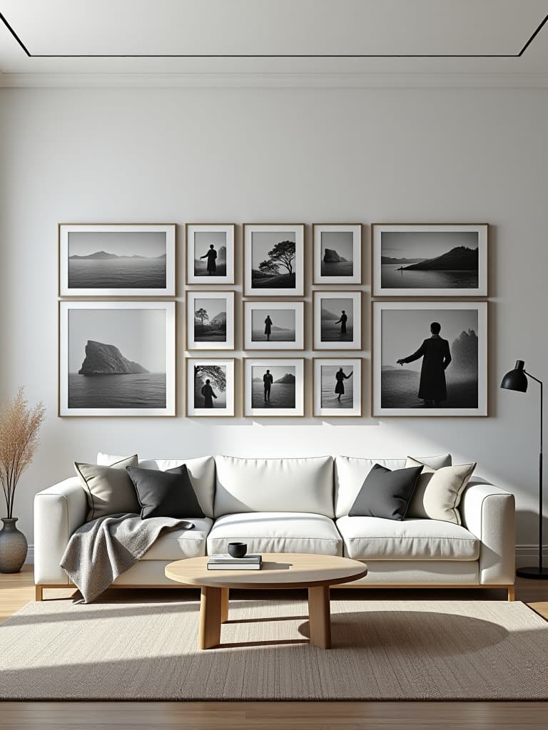  high quality portrait photo of a minimalist living room with a large, white wall featuring a carefully curated gallery of black and white photographs in identical frames, arranged in a perfect grid pattern hyperrealistic, full body, detailed clothing, highly detailed, cinematic lighting, stunningly beautiful, intricate, sharp focus, f/1. 8, 85mm, (centered image composition), (professionally color graded), ((bright soft diffused light)), volumetric fog, trending on instagram, trending on tumblr, HDR 4K, 8K