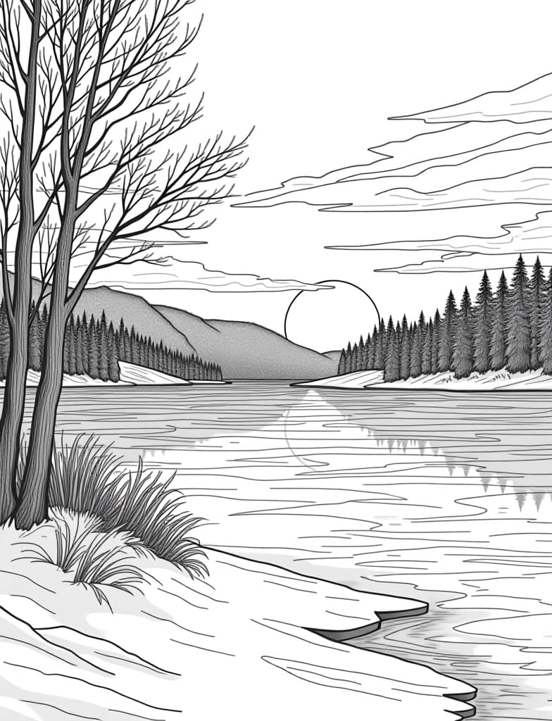  this is for an adult coloring page. a detailed black and white line art of a snowy winter sunrise over a frozen lake on a solid white background.