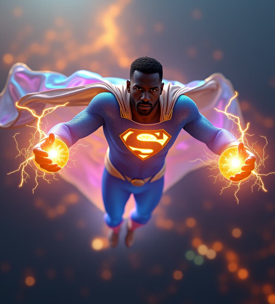  african superman king high priest, flying over the dome of the rock in jerusalem, his cape is radiant iridescent gold electric blue magenta iridescent translucent gold mli foil, transparent iridescent lightsail cape. full body ethereal aurora aura. his holographic suit is shiny and reflective refractive with iridescent aurora and gleaming ultraviolet, infrared. gold and white glowing iridescent shining energy gold armor. iridescent glowing illuminated gold "s" on chest, kamehameha plasma power sphere iridescent flashing solar fireballs glowing from his electric lightning fists! glowing iridescent lightning bolts shooting out radiating from his eyes, short curly temple fade black hair on head, white platinum goatee beard on chin. partial 