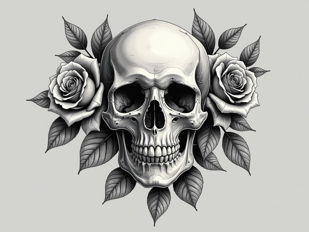  generate an image of a black and white tatoo design on a grey background with skull and roses, show just the tatoo.