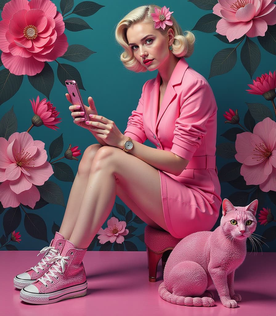  surrealist art (masterpiece, oil painting:1.2). (glamour style, pink neon inscription at bottom: "glamour artgeneration:1.2). woman of slavic appearance with norwegian and scandinavian roots (pinup style:1.4) (wearing pink clothes and pink women's sneakers, in rhinestones painted under floral patterns in the style of william morris:1.2), advertising a glamorous futuristic set pink women's sneakers, pink iphone in rhinestones and (pink porcelain cat with rhinestones:1.2). the design of all the items and clothing is dominated by (sophisticated exotic glamor bordering on protest), stirring the imagination and striking originality. high resolution. high detail. increased attention to fine detail. avant garde design. (at the bottom is the text