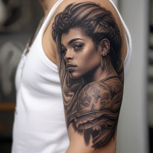 tattoo sketch, Afro-cuban cupid arm tattoo, tattoo art, tattoo shop in the background, hyper realistic, hyper detailed, 8k