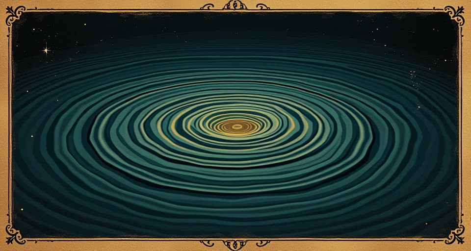  ripples in a dark pool of water, each one glowing faintly, casting reflections of stars, intricate, hypnotic. an illustration in the style of a worn, mystical old tarot trump card, mysterious and elements of surrealism. the colors are muted, somber and eerie, but with contrast bring out an occult and esoteric vibe.