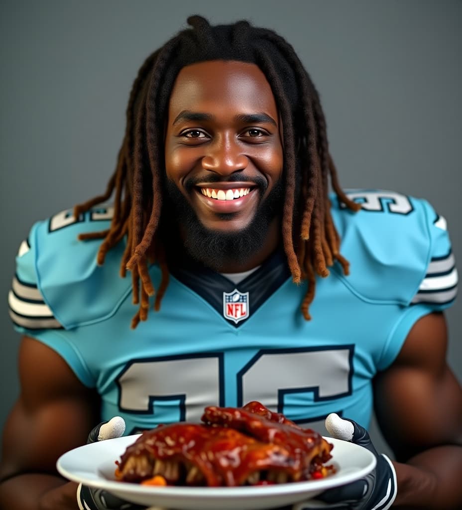  a portrait of nfl running back jahmyr gibbs with shoulder length dreadlocks, eating a plate of baby back ribs with a smile, and wearing a powder blue colored jersey with light grey numbers