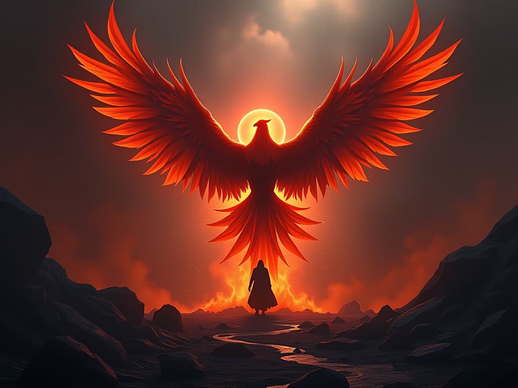  a phoenix rising from ashes, its fiery wings casting light over a darkened battlefield. rebirth, resilience, hopeful dawn.. the style is dark fantasy and mysterious occult, symbolic, moody lighting, esoteric vibe,high detail on character design. for the color scheme emphasize blacks and reds.