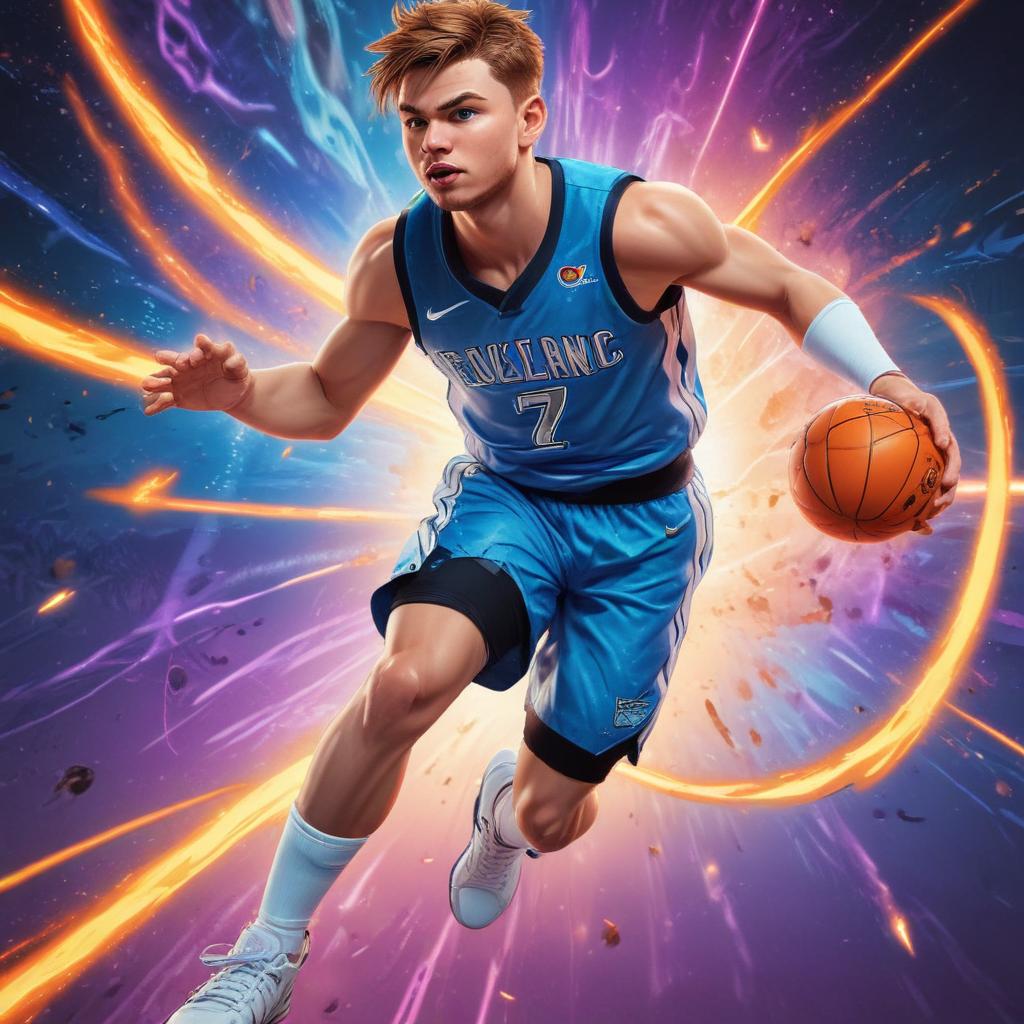 distance-shot, flashy, full-body, dynamic, holographic, animated cartoon poster of luka doncic in the style of dragon ball super