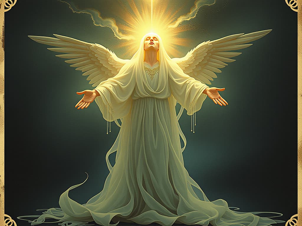  divine presence, radiant, ethereal light, flowing through a human figure, glowing aura, transcendence, peace, serenity. an illustration in the style of a worn, mystical old tarot trump card, mysterious and elements of surrealism. the colors are muted, somber and eerie, but with contrast bring out an occult and esoteric vibe.