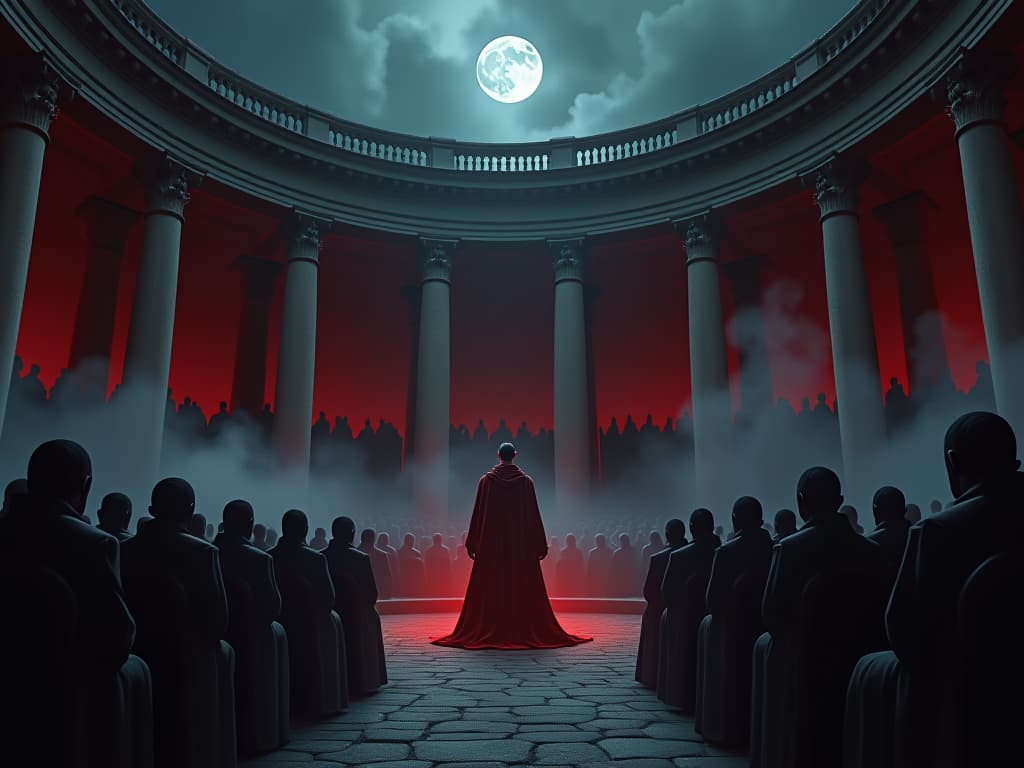  ancient amphitheater, ghostly audience, faint faces watching intently, central figure anticipating judgment, heavy air of scrutiny. the style is dark fantasy and mysterious occult, symbolic, moody lighting, esoteric vibe,high detail on character design. for the color scheme emphasize blacks and reds.