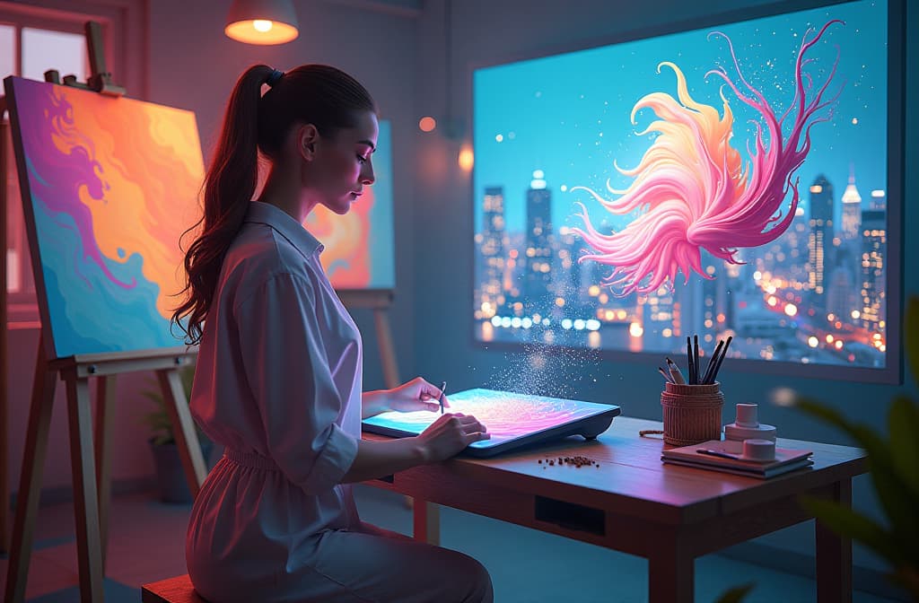  "visualize a futuristic art studio filled with vibrant canvases and holographic displays. in the center, a sleek, advanced ai device, resembling a blend of a robotic artist and a digital tablet, is surrounded by swirling colors of paint coming to life. the background features a luminous city skyline, reflecting a harmonious fusion of technology and creativity, as ethereal lines of light connect the ai to the artworks, symbolizing the connection between human emotion and machine intelligence." hyperrealistic, full body, detailed clothing, highly detailed, cinematic lighting, stunningly beautiful, intricate, sharp focus, f/1. 8, 85mm, (centered image composition), (professionally color graded), ((bright soft diffused light)), volumetric fog, trending on instagram, trending on tumblr, HDR 4K, 8K