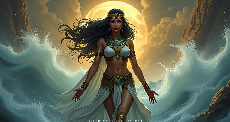  the tide turning, a power surge behind a large busted goddess dressed in form fitting, ancient attire, undeniable, awe inspiring. the style is digital art illustration / modern comic book / mysterious occult, symbolic, esoteric vibe,high detail on character design, incorporating ancient egyptian symbology and attire.