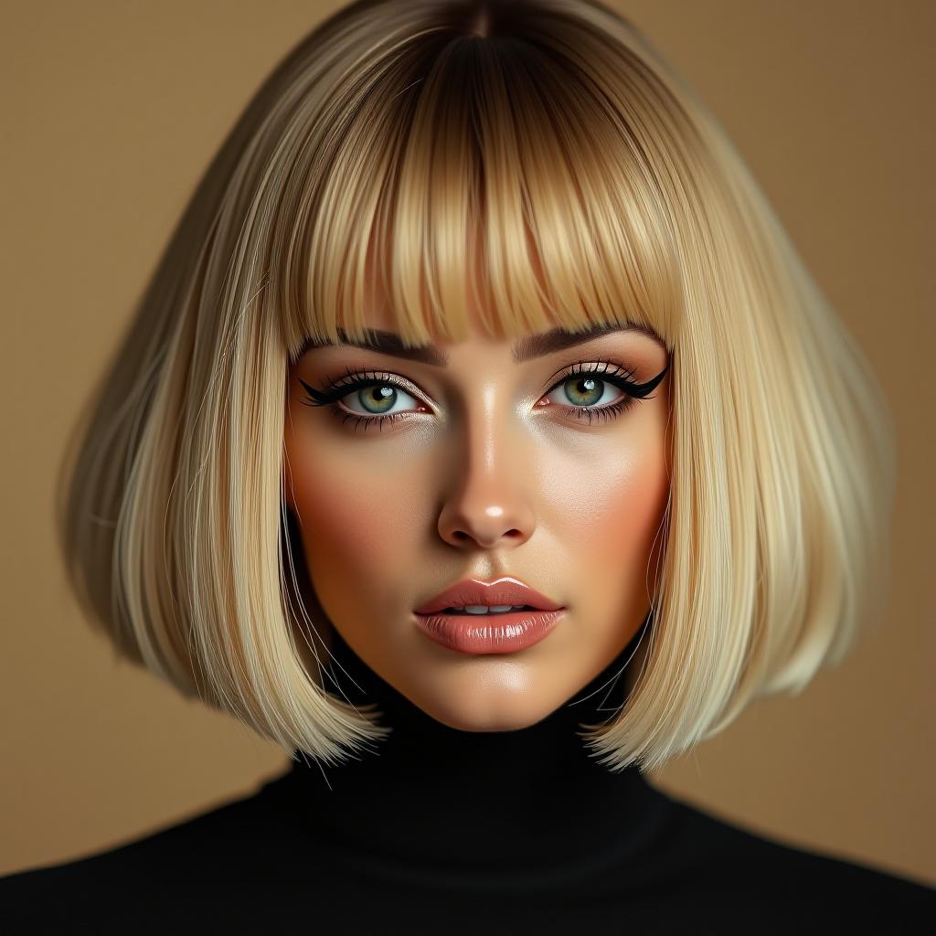  make an image of a blonde bob woman with a turtleneck and egyptian eyeliner