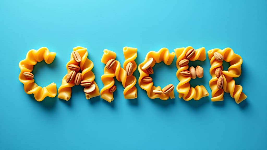  creative concept of the word cancer spelled with food including macaroni and nuts against a blue background, depicting health and awareness.