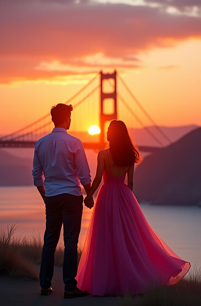  beautiful illustration of a man and woman in a pink dress watching the sunset setting over the golden gate bridge, golden hour, beautiful stunning color scheme, masterpiece. hyperrealistic, full body, detailed clothing, highly detailed, cinematic lighting, stunningly beautiful, intricate, sharp focus, f/1. 8, 85mm, (centered image composition), (professionally color graded), ((bright soft diffused light)), volumetric fog, trending on instagram, trending on tumblr, HDR 4K, 8K