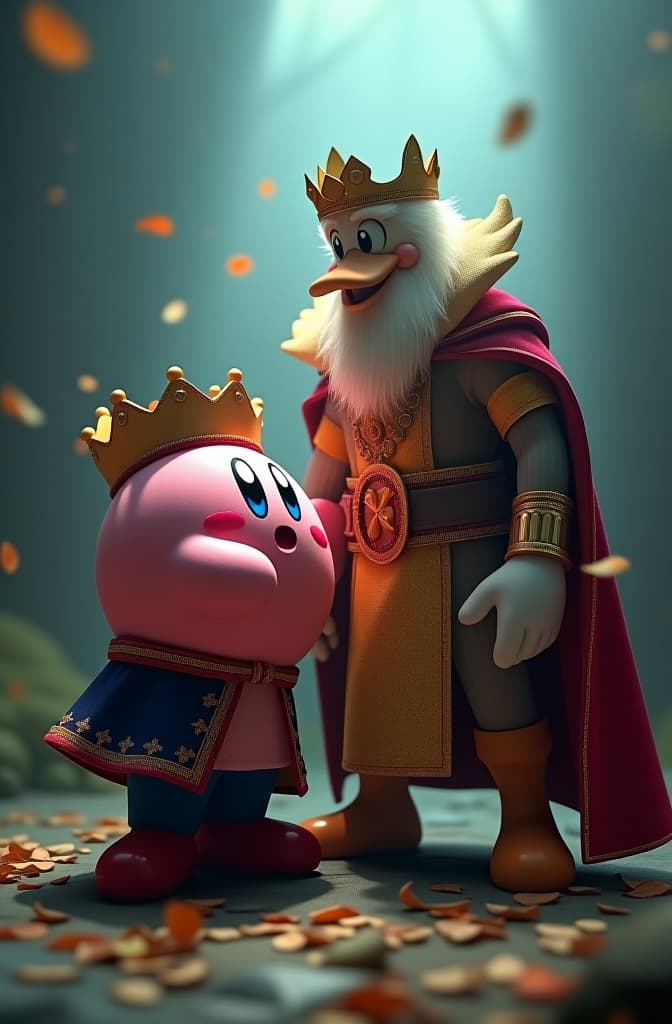  game character kirby helping king deededee stand up hyperrealistic, full body, detailed clothing, highly detailed, cinematic lighting, stunningly beautiful, intricate, sharp focus, f/1. 8, 85mm, (centered image composition), (professionally color graded), ((bright soft diffused light)), volumetric fog, trending on instagram, trending on tumblr, HDR 4K, 8K