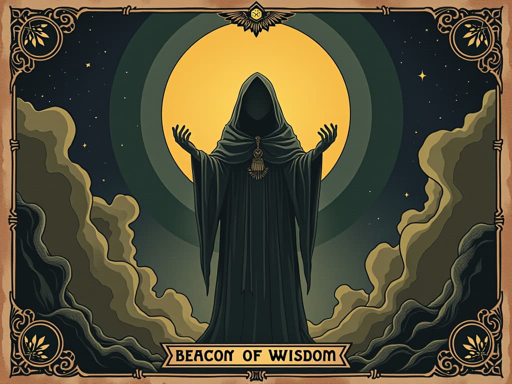  beacon of wisdom, illuminating light, ethereal symbols, otherworldly insight. an illustration in the style of a worn, mystical old tarot trump card, mysterious and elements of surrealism. the colors are muted, somber and eerie, but with contrast bring out an occult and esoteric vibe.