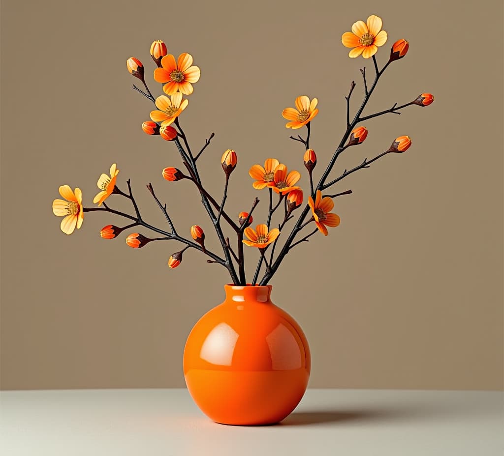  an orange vase with branches in it