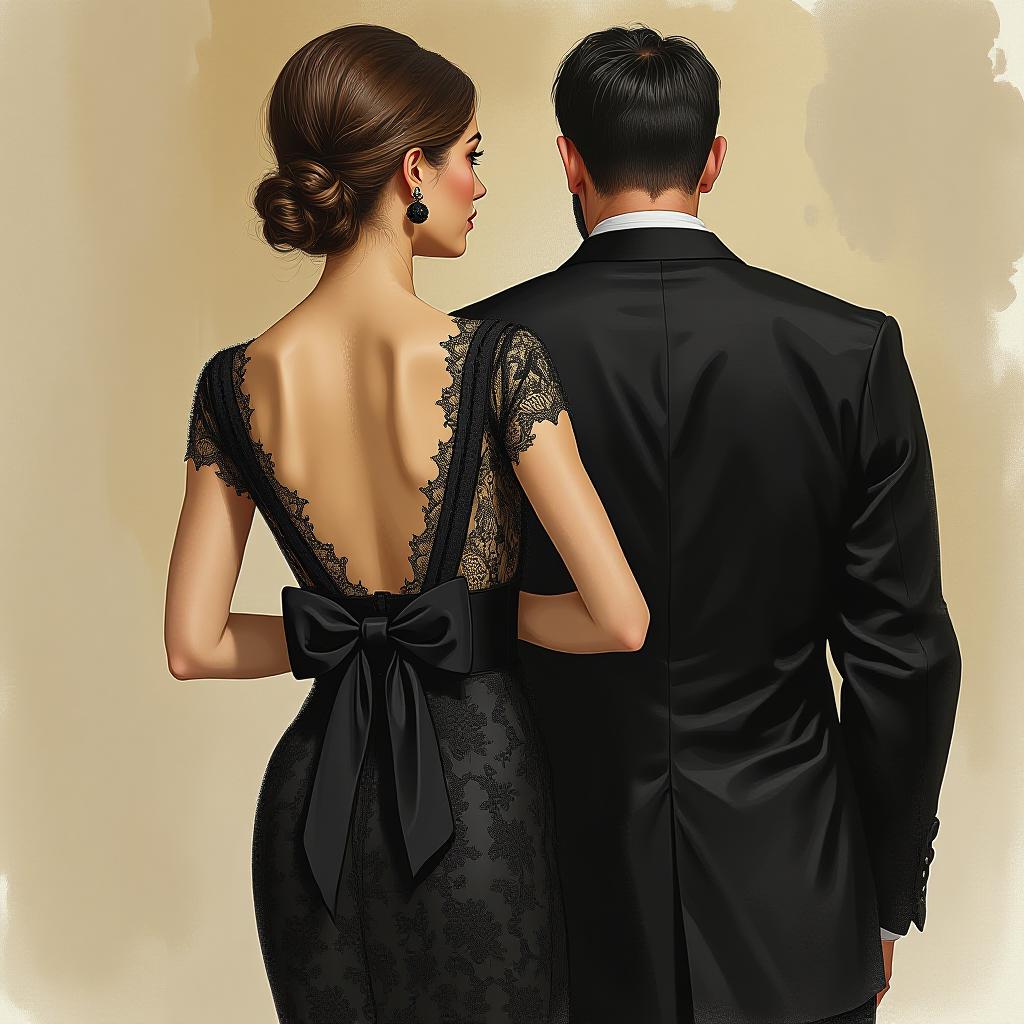  fashion illustration, woman with evening dress in black lace with bow behind, accompanied by man in black complete, award winning, professional, highly detailed, masterpiece