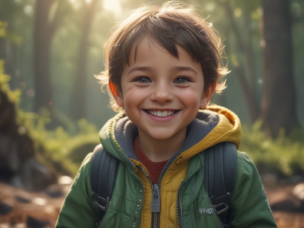 ultra realistic ((ultra realistic ((a child enjoying nature and smiling)))) hyperrealistic, full body, detailed clothing, highly detailed, cinematic lighting, stunningly beautiful, intricate, sharp focus, f/1. 8, 85mm, (centered image composition), (professionally color graded), ((bright soft diffused light)), volumetric fog, trending on instagram, trending on tumblr, HDR 4K, 8K