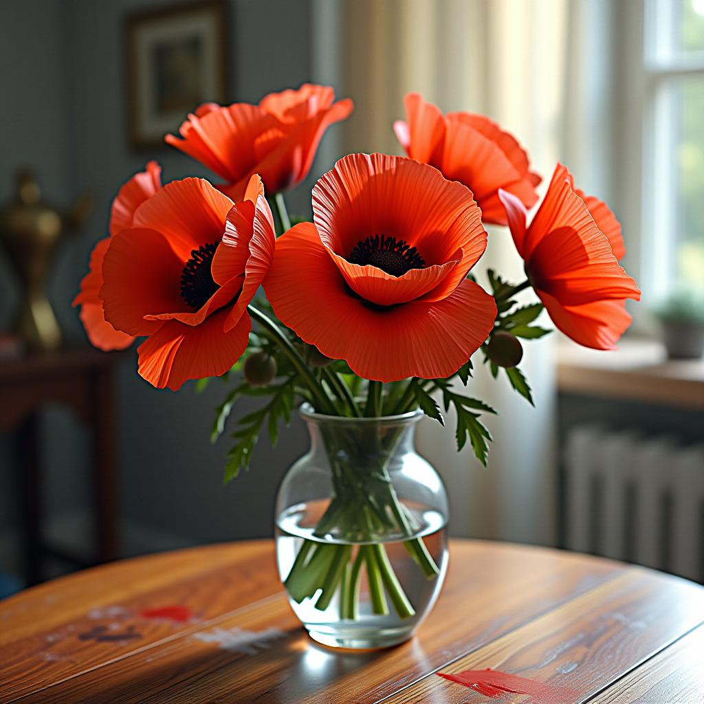  masterpiece. (beautiful red poppy flowers on a beautiful antique table in a glass vase:1.5). painting. watercolor, sweat, stains. highly detailed strokes. hyperrealistic, full body, detailed clothing, highly detailed, cinematic lighting, stunningly beautiful, intricate, sharp focus, f/1. 8, 85mm, (centered image composition), (professionally color graded), ((bright soft diffused light)), volumetric fog, trending on instagram, trending on tumblr, HDR 4K, 8K