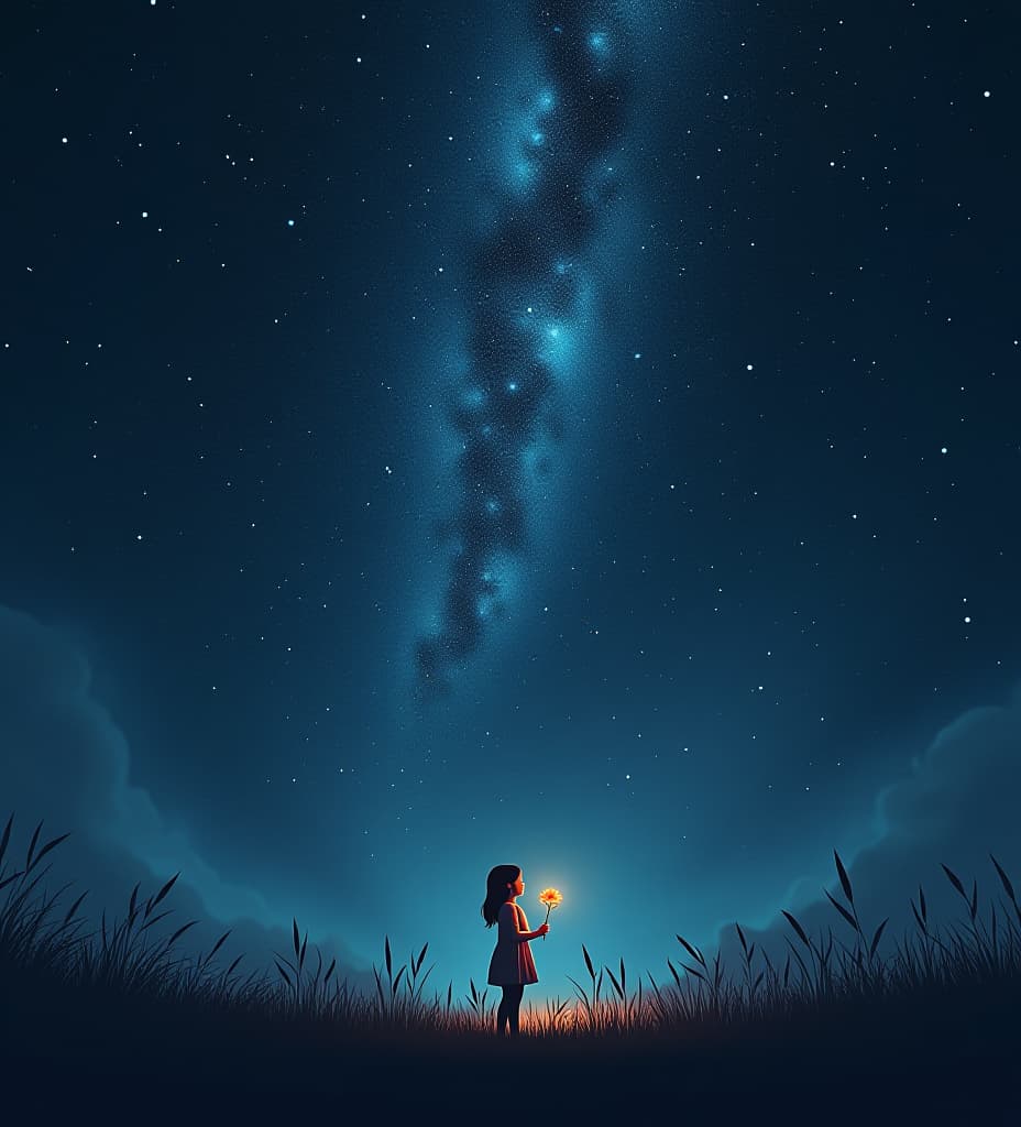  a dark sky with millions of star. a little girl holding a flower.