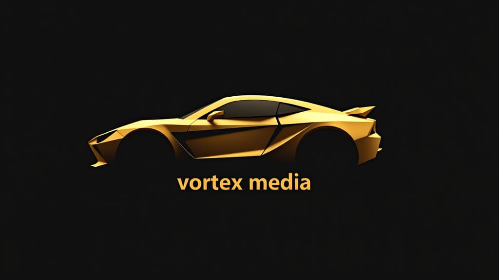  design a logo, in a origami style. logo of a car, gold color, with the text 'vortex media'.