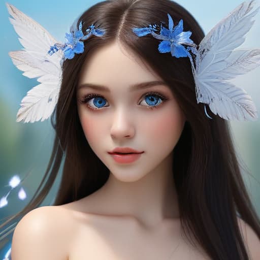 mdjrny-v4 style Create A beautiful girl with cute face, long hair, blue eyes , body with wings, fairy