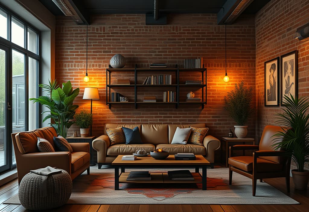  a landscape photo of an industrial chic living room featuring exposed brick walls, metal pipe shelving, leather furniture, and edison bulb lighting fixtures hyperrealistic, full body, detailed clothing, highly detailed, cinematic lighting, stunningly beautiful, intricate, sharp focus, f/1. 8, 85mm, (centered image composition), (professionally color graded), ((bright soft diffused light)), volumetric fog, trending on instagram, trending on tumblr, HDR 4K, 8K