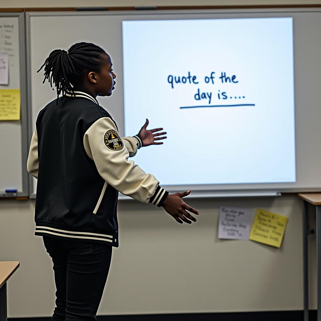  the image features a black student with dreads, standing in front of a large interactive whiteboard or smartboard in what appears to be a classroom. the individual is dressed in a varsity jacket with patches on the sleeves, black jeans, and sneakers. they are gesturing towards the screen with both arms extended, as if presenting something to the class. displayed on the whiteboard is a partially written phrase in a casual, handwritten style font: "quote of the day is..." the phrase seems to set the stage for a daily motivational or inspirational quote, though the actual quote isn't provided, leaving it open ended. in the background, there are some notes and papers posted on the classroom wall, adding to the academic setting. the overall moo