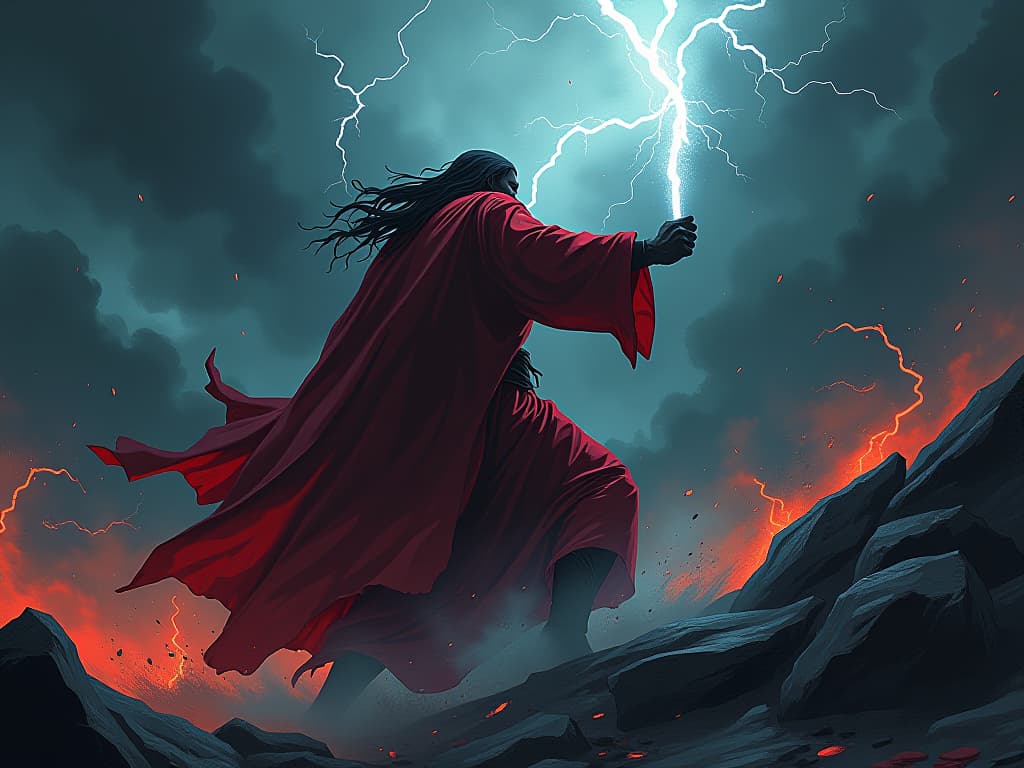  figure in tattered red robes, battling a fierce storm, lightning streaks the sky, sense of relentless struggle, backdrop of dark roiling clouds. the style is digital art illustration / modern comic book / graphic dark novel fantasy and mysterious occult, symbolic, moody lighting, esoteric vibe,high detail on character design. for the color scheme emphasize blacks and reds.