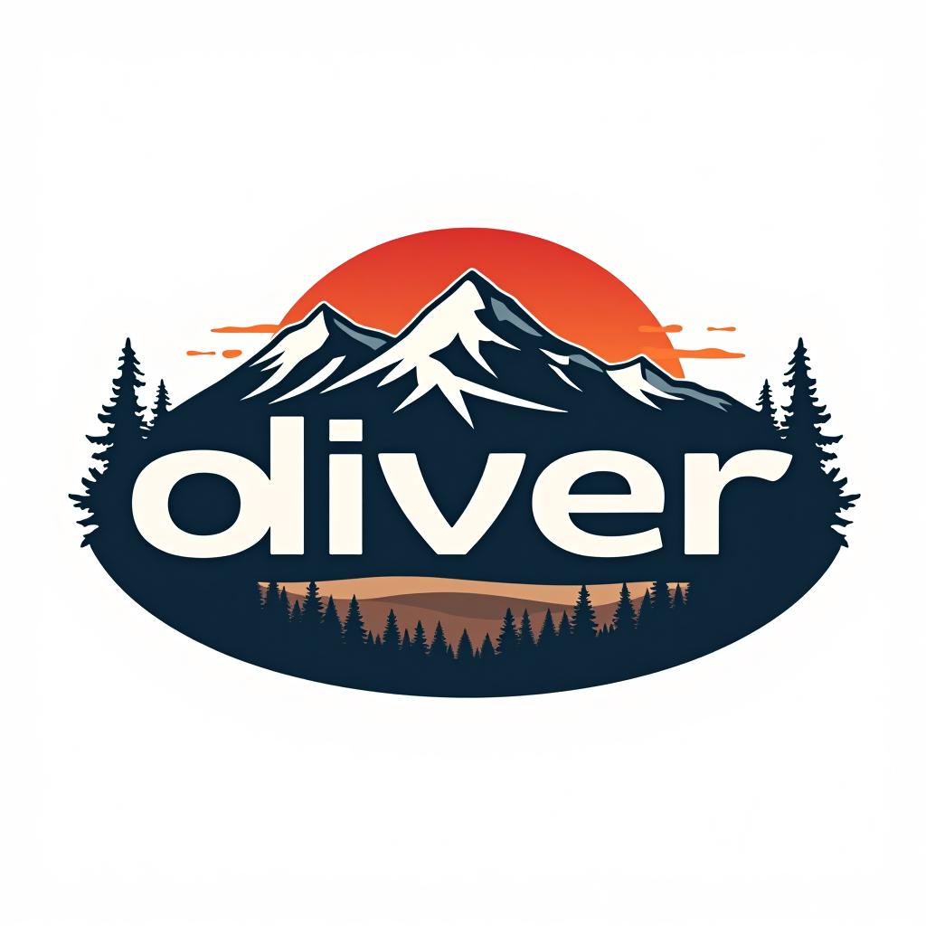  design a logo, custom sticker design on an isolated white background with the bold words ‘oliver’ with a backdrop of a mountain range, and silhouettes of pine trees at sunset