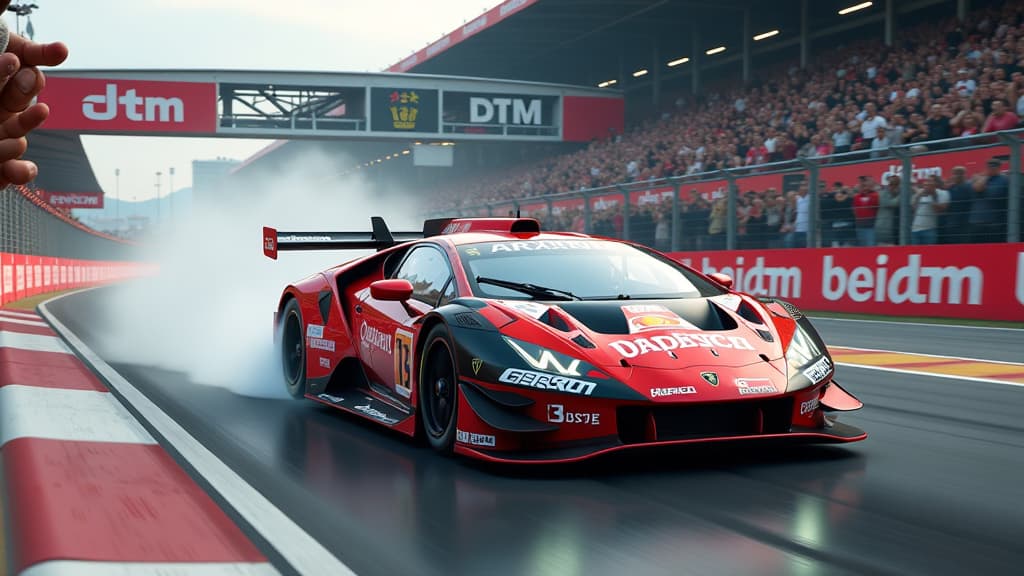  prompt: create a hyper realistic image capturing the intense moment of mirko bortolotti's victory at dtm spielberg 2024. show bortolotti in his ssr lamborghini, skillfully maneuvering the challenging track, surrounded by fans cheering in excitement. include the dtm logo prominently, showcasing the dynamic championship battle with maro engel closely following and kelvin van der linde falling behind. ensure pixel perfect detail in the cars, track, and spectators, conveying the adrenaline filled at