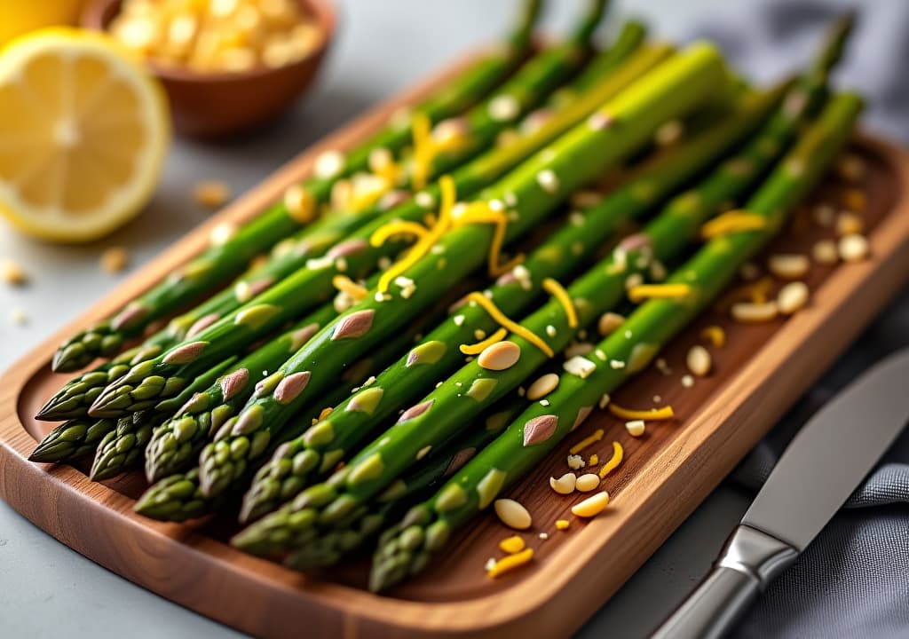  envision a vibrant image of perfectly roasted asparagus spears, their tips golden and crisp, arranged artfully on a rustic wooden serving board. the asparagus glistens with a light coating of olive oil, and is adorned with specks of minced garlic and a generous sprinkle of toasted pine nuts. slivers of lemon zest add pops of bright yellow color throughout the dish. the board is set against a neutral background, with a small bowl of extra pine nuts and a halved lemon in the corner for added visual interest., in the style of photographic hyperrealistic, full body, detailed clothing, highly detailed, cinematic lighting, stunningly beautiful, intricate, sharp focus, f/1. 8, 85mm, (centered image composition), (professionally color graded), ((bright soft diffused light)), volumetric fog, trending on instagram, trending on tumblr, HDR 4K, 8K