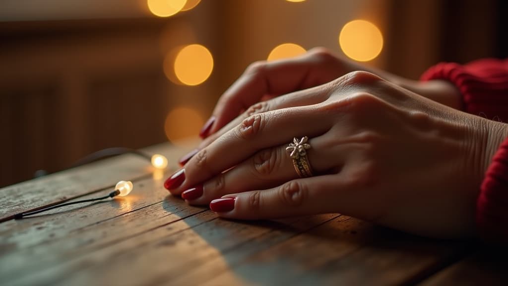  cinematic film style, close up of female hands with christmas manicure, christmas lights and bokeh ar 16:9, shallow depth of field, vignette, maximum details, high budget hollywood movie, bokeh, cinemascope, moody, epic, gorgeous, sun rays and shadows on furniture and surfaces, flattering light, raw photo, photography, photorealistic, 8k resolution, f1.4, sharpened focus, sharp focus