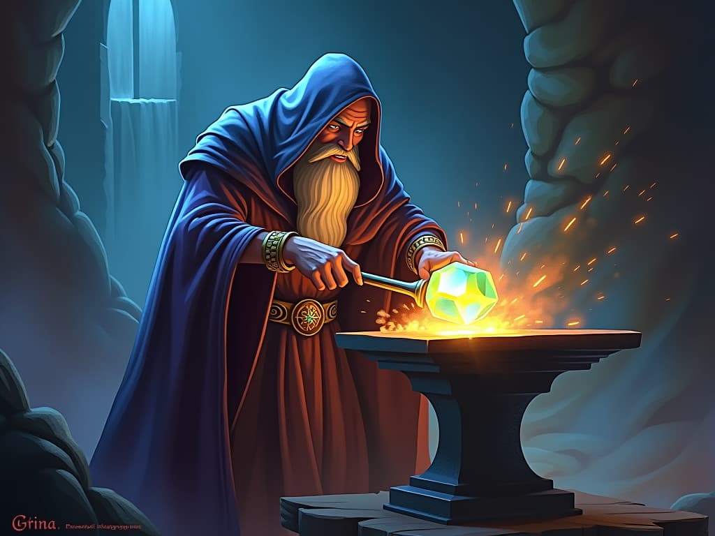  a mystical blacksmith in flowing, glowing robes, hammering a radiant, translucent gem on an ethereal anvil, luminous sparks flying, intense and dynamic.. the style is digital art illustration,highly detailed, whimsical,magical, dreamlike atmosphere, realism and fantasy blend, smooth, glossy textures,luminous quality, wonder and enchantment.