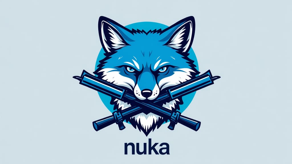  design a logo, un renard bleu et blanc avec des armes , with the text 'nuka'.