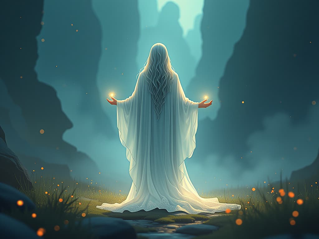  modern mystic standing in an ethereal clearing, wearing luminescent robes. surrounding magical lights symbolize mystic's role in guiding others.. the style is digital art illustration,highly detailed, whimsical,magical, dreamlike atmosphere, realism and fantasy blend, smooth, glossy textures,luminous quality, wonder and enchantment.